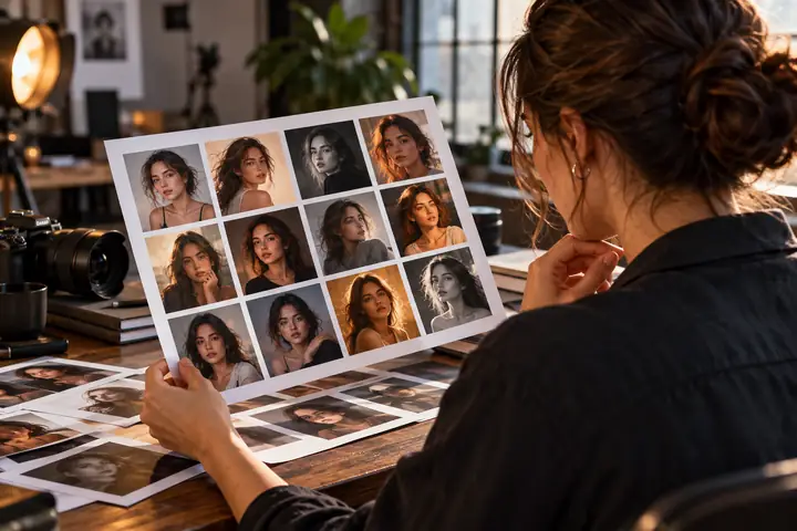 A professional creator choosing polished avatar portraits from a contact sheet beside a camera