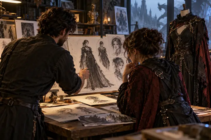 Two creators reviewing original character sketches and a dark fantasy costume concept in a studio