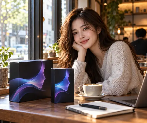 A creator taking a natural portrait beside a cafe window with product images arranged on a table