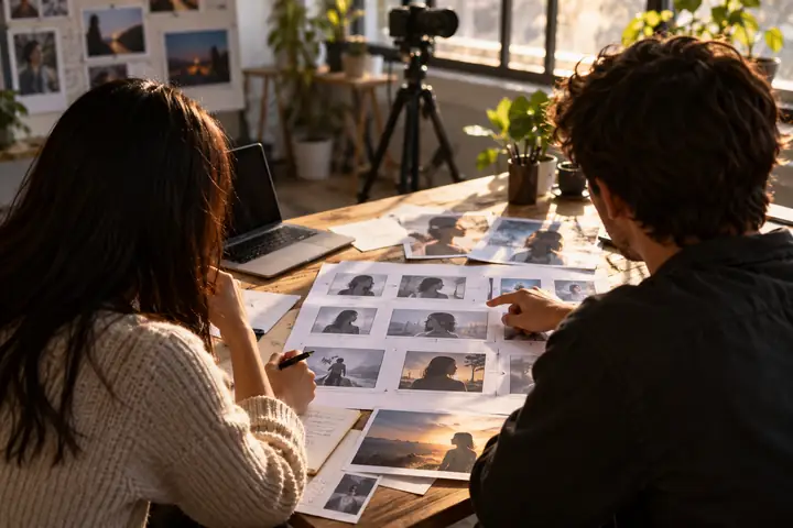 Two creators planning a short social video with storyboard frames, a laptop, and natural window light