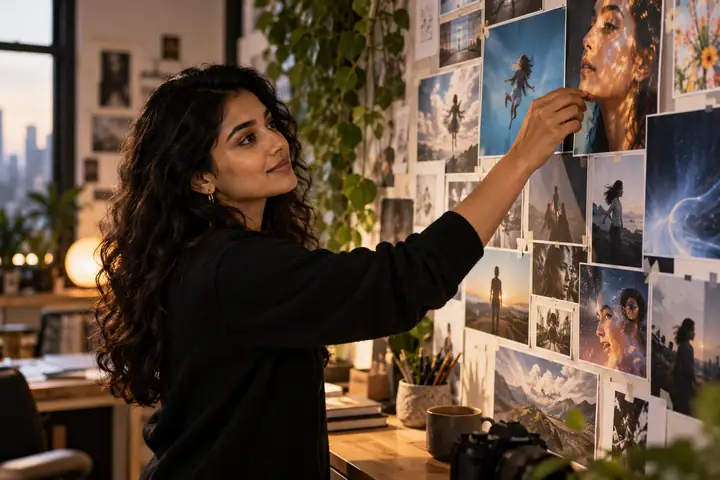 Portrait of Ananya Iyer working beside a moodboard
