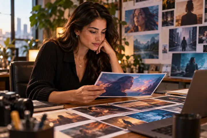 Portrait of Sofia Martinez reviewing a visual campaign at a desk