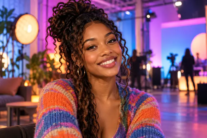 Portrait of Zuri Campbell smiling in a colorful studio
