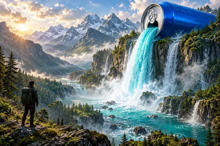 A colossal cobalt drink can pouring a turquoise waterfall through an emerald mountain valley