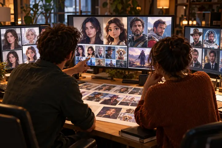 A warm creative studio workspace with two creators reviewing image, character, avatar, and face swap concepts