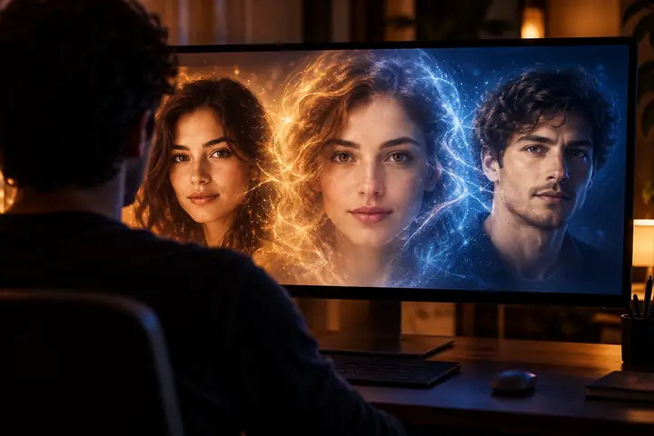 Two portrait images blending into a face morph preview on a creative desktop