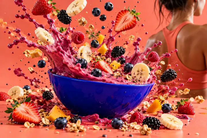 A high-speed berry smoothie and colorful fruit splashing around a cobalt bowl on coral