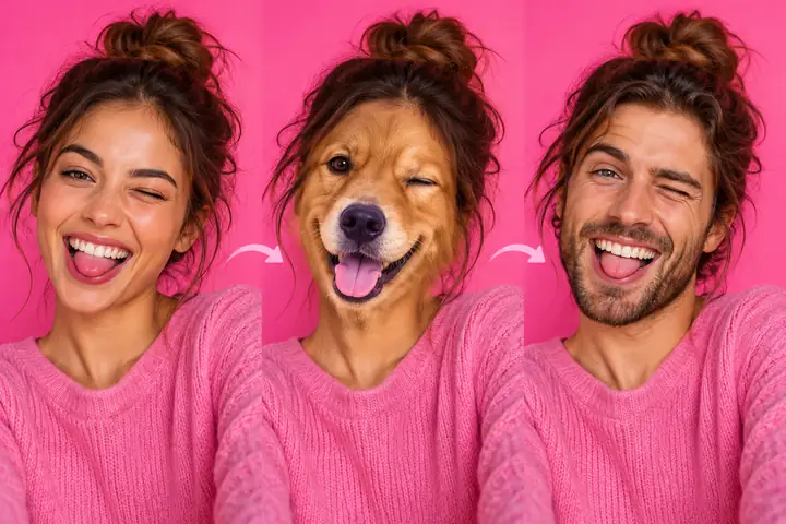 A playful animated GIF face swap concept with a smiling subject against a bright pink background