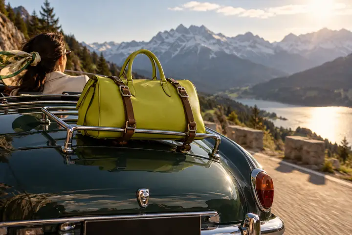 A chartreuse luxury handbag strapped to a vintage car on a sunlit alpine road