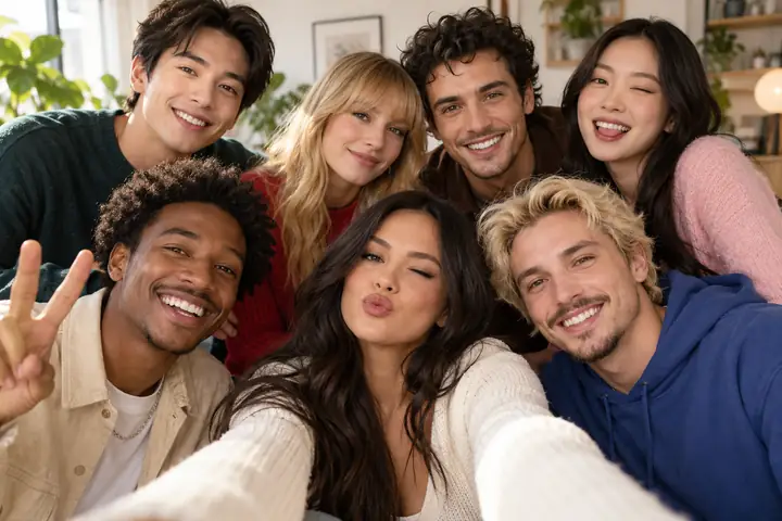 A diverse group portrait showing several coordinated face swap results in a bright editorial setting