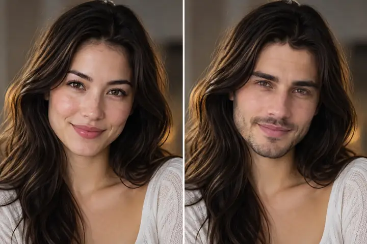 A polished portrait face swap comparison with a natural result in a softly lit studio