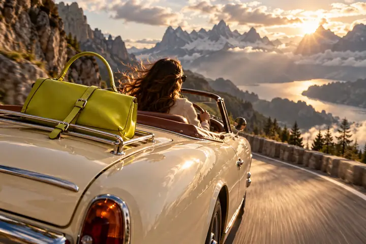 A surreal chartreuse handbag secured to a cream vintage car driving through dramatic mountain light