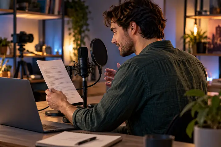 A creator preparing a voice track with a script, microphone, and laptop