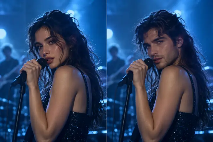 A cinematic video face swap preview showing a performer in two consistent frames with blue lighting