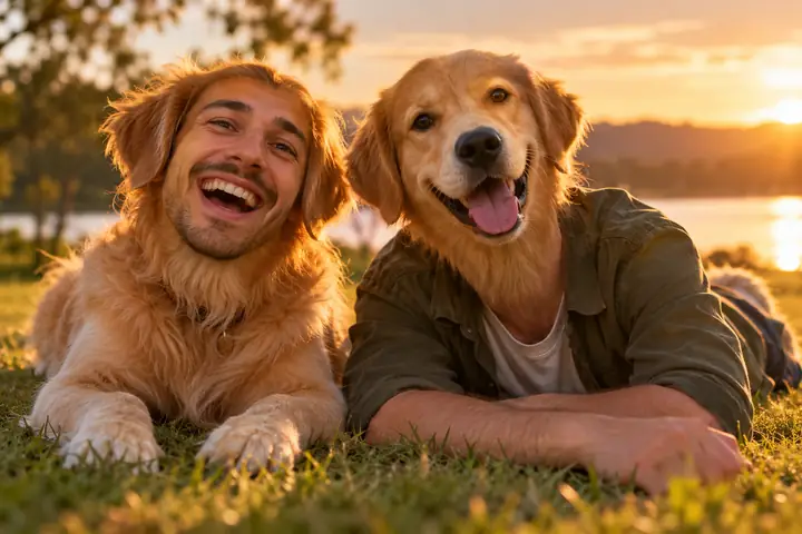 A playful dog and portrait face swap concept in a warm outdoor setting