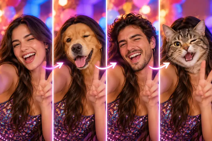 A playful GIF face swap sequence with a smiling subject and colorful background