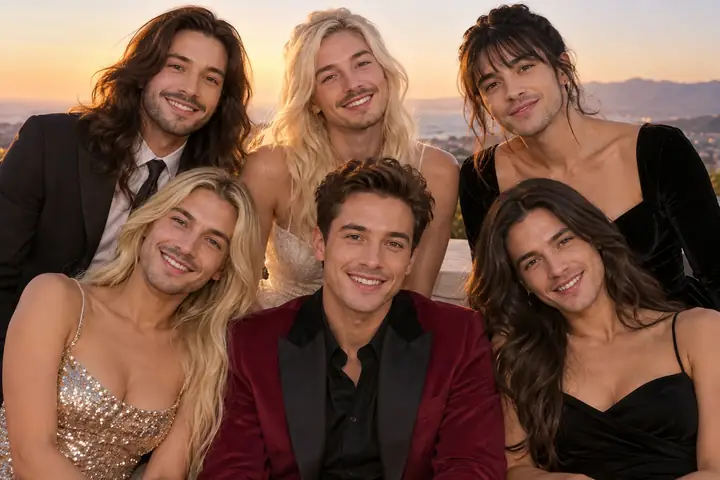 A group portrait showing several coordinated face swap results in one image