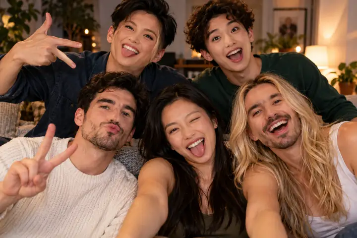 A group of friends appearing in a coordinated multiple video face swap concept