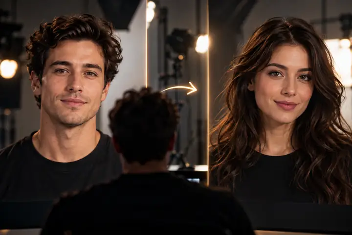 A portrait face swap workflow with before and after images in a studio